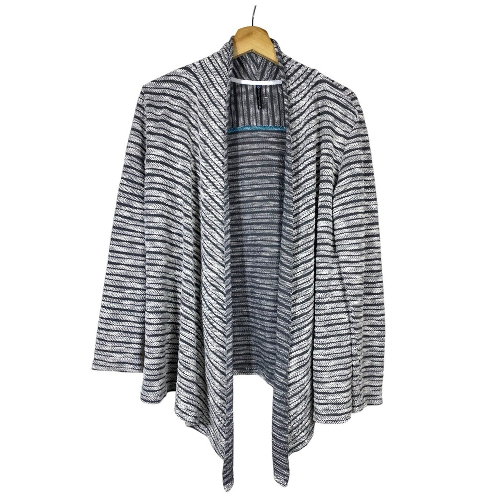 Kuhl Women Open Cardigan Sweater Gray White Stripe S Waterfall Lagenlook Coastal